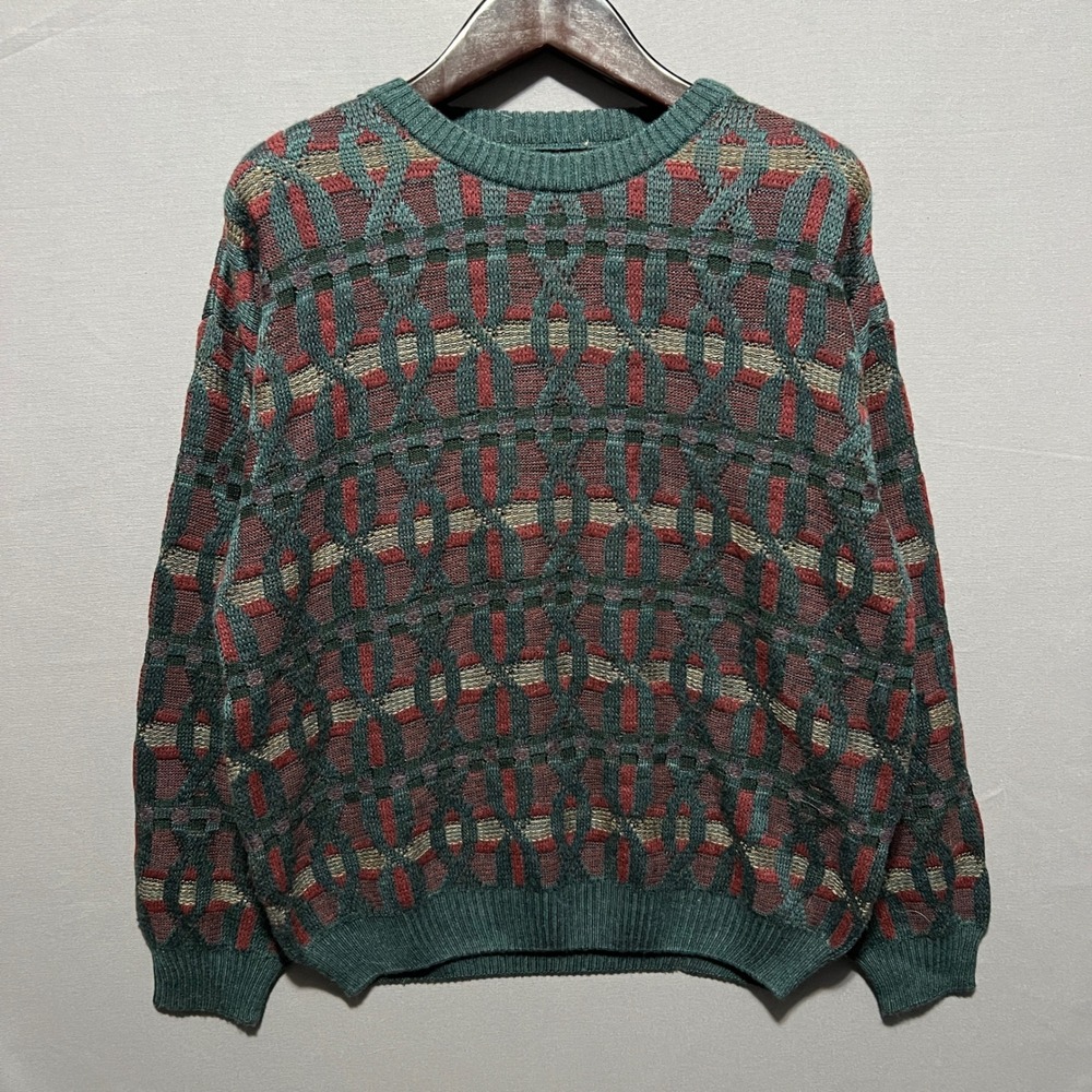 Natural Issue Mens XL Vintage Geometric Knit Sweater Teal Burgundy Crewneck